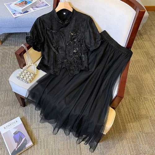 Beautiful buckle embroidered blouse and mesh skirt suit for women. Summer plus size fat girl looks slim, advanced and gentle two-piece set
