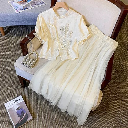 Beautiful buckle embroidered blouse and mesh skirt suit for women. Summer plus size fat girl looks slim, advanced and gentle two-piece set