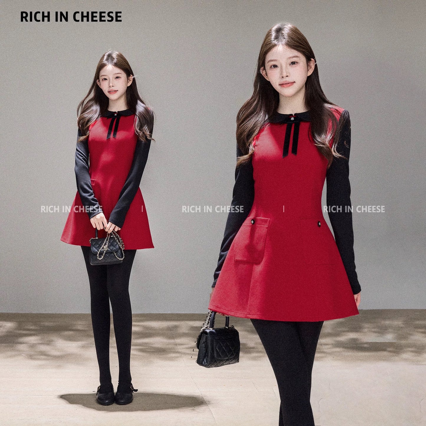 Jin Chuan Chuan New Year Limited Edition Autumn/Winter Wool Dress with Color Blocking and Faux Two-Piece Fitted Waist, Perfect for the New Year Atmosphere