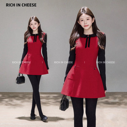 Jin Chuan Chuan New Year Limited Edition Autumn/Winter Wool Dress with Color Blocking and Faux Two-Piece Fitted Waist, Perfect for the New Year Atmosphere