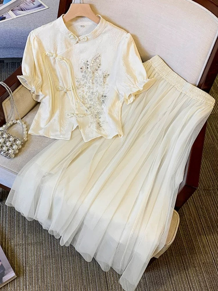 Beautiful buckle embroidered blouse and mesh skirt suit for women. Summer plus size fat girl looks slim, advanced and gentle two-piece set