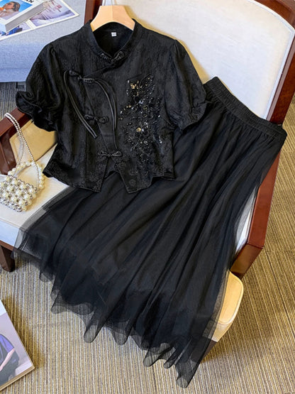 Beautiful buckle embroidered blouse and mesh skirt suit for women. Summer plus size fat girl looks slim, advanced and gentle two-piece set