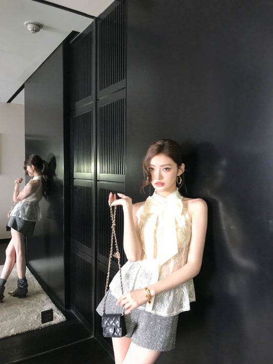 Earth Store Pure Desire Lace Apricot Bow Design Vest for Women, Autumn and Winter, Slim Fit, Thin Halter Neck Top