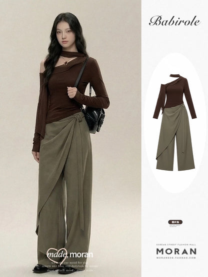 Korean-style mature and sophisticated two-piece set: asymmetrical ribbon knit top and wide-leg pants for women, perfect for spring and autumn 2025.