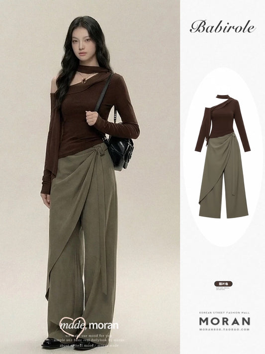Korean-style mature and sophisticated two-piece set: asymmetrical ribbon knit top and wide-leg pants for women, perfect for spring and autumn 2025.