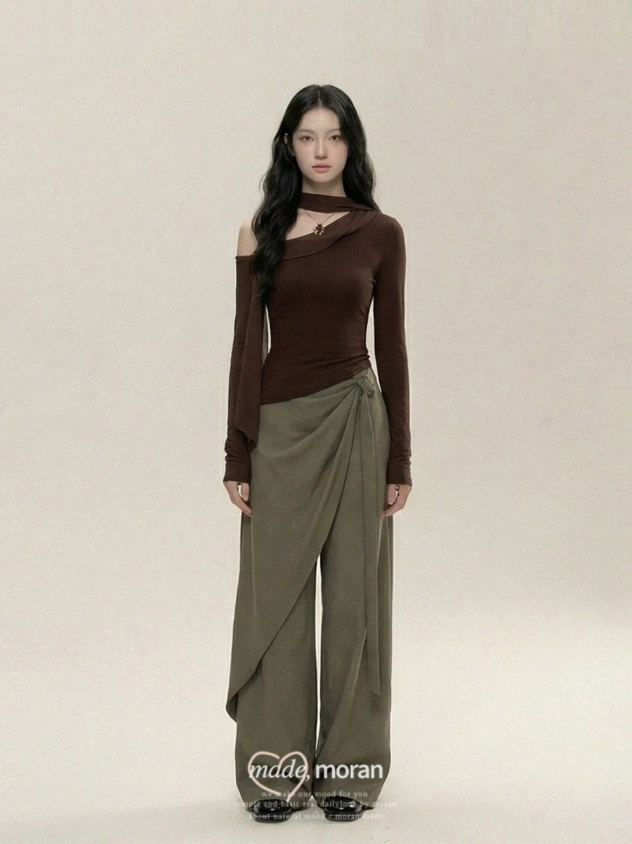 Korean-style mature and sophisticated two-piece set: asymmetrical ribbon knit top and wide-leg pants for women, perfect for spring and autumn 2025.