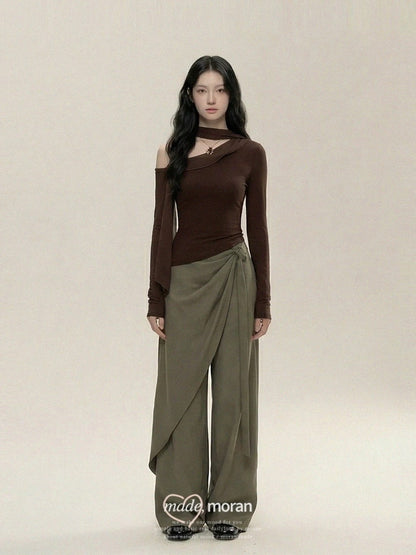 Korean-style mature and sophisticated two-piece set: asymmetrical ribbon knit top and wide-leg pants for women, perfect for spring and autumn 2025.