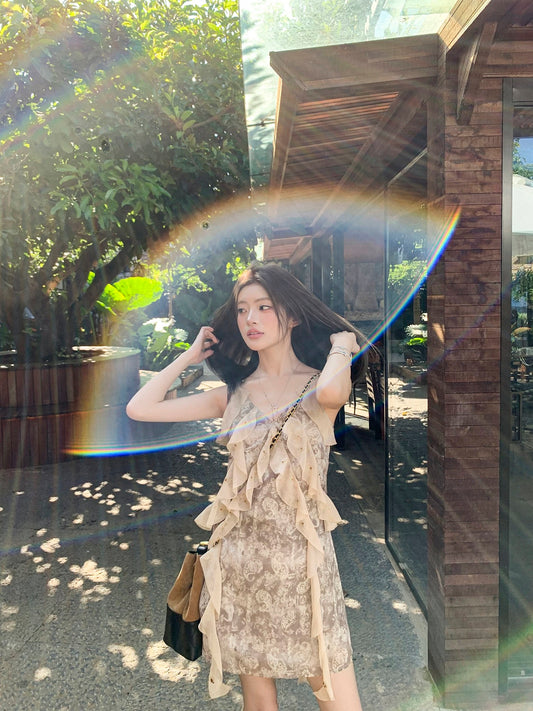 Earth Store French-style niche design vacation-style ruffled dress for women, loose fit, slimming printed suspender dress