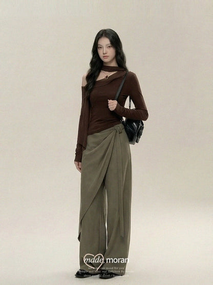 Korean-style mature and sophisticated two-piece set: asymmetrical ribbon knit top and wide-leg pants for women, perfect for spring and autumn 2025.