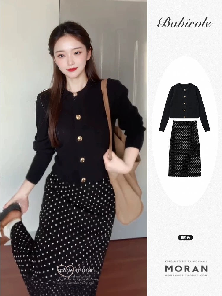 Korean chic two-piece set for early autumn 2025: knitted cardigan sweater and retro polka dot maxi skirt.