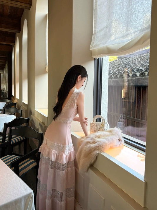 ForFay Spring Letter Apricot Pink Chiffon Dress with Heavy Lace Trim, Women's V-Neck Elegant Long Dress