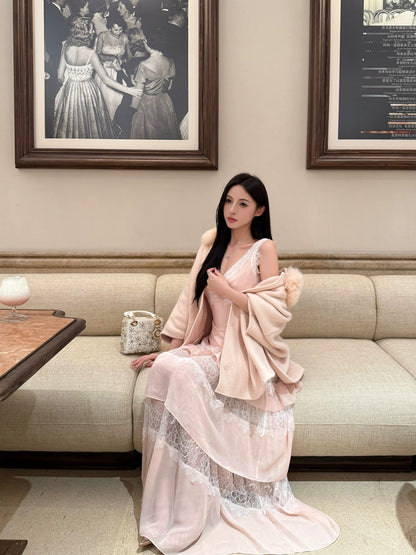 ForFay Spring Letter Apricot Pink Chiffon Dress with Heavy Lace Trim, Women's V-Neck Elegant Long Dress