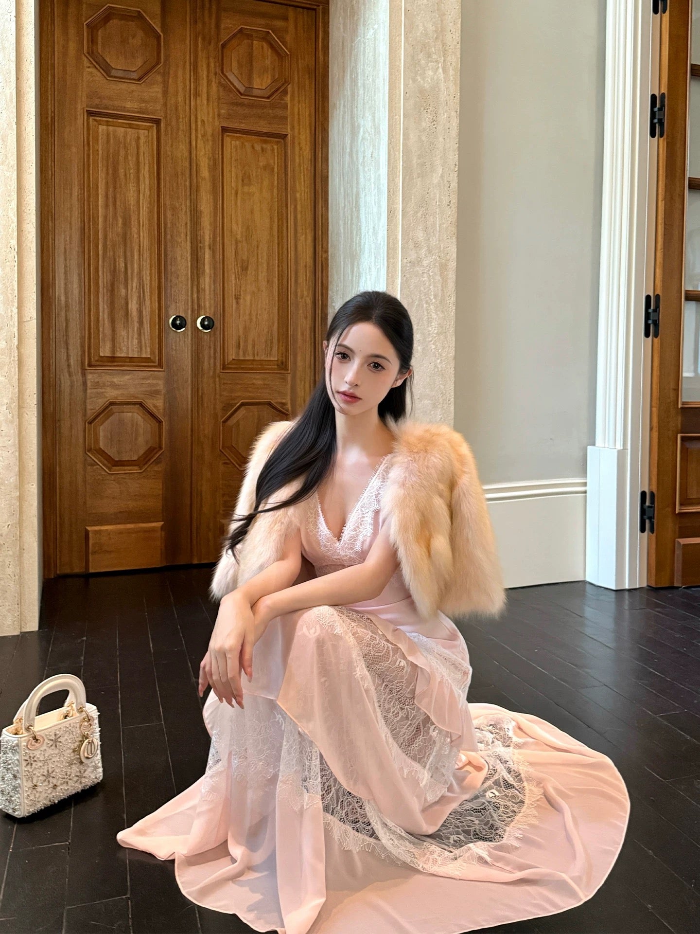 ForFay Spring Letter Apricot Pink Chiffon Dress with Heavy Lace Trim, Women's V-Neck Elegant Long Dress