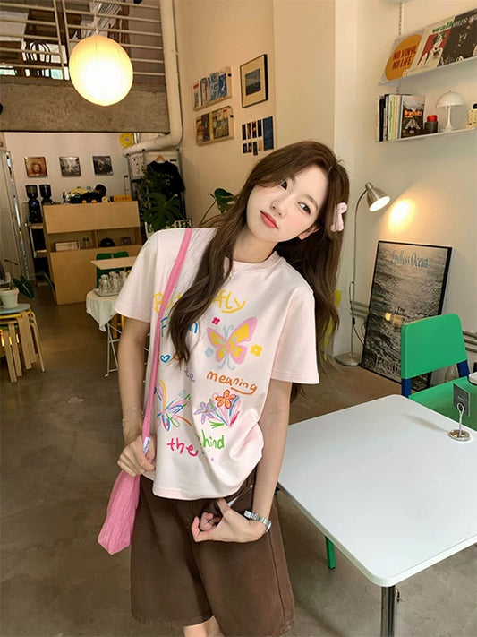 CCKOK oil pastel color hand-painted printed shoulder T-shirt 2025 summer new Korean version loose age-reducing short-sleeved female