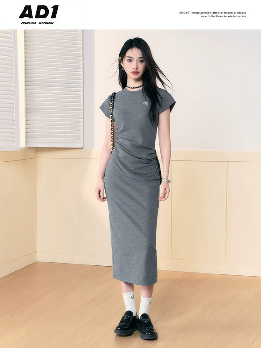 ANDYET AD1 original pleated embroidered short-sleeved dress for commuting, versatile round neck waist long skirt for women, slim fit
