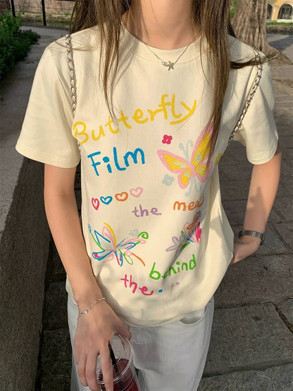 CCKOK oil pastel color hand-painted printed shoulder T-shirt 2025 summer new Korean version loose age-reducing short-sleeved female