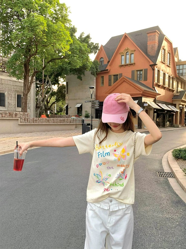 CCKOK oil pastel color hand-painted printed shoulder T-shirt 2025 summer new Korean version loose age-reducing short-sleeved female