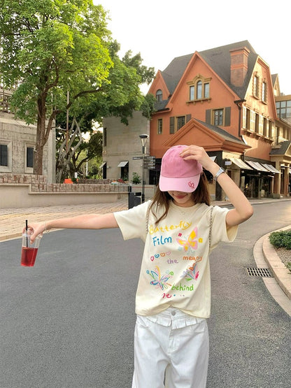 CCKOK oil pastel color hand-painted printed shoulder T-shirt 2025 summer new Korean version loose age-reducing short-sleeved female