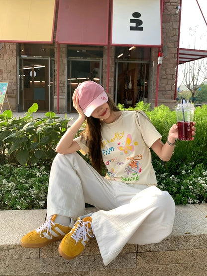 CCKOK oil pastel color hand-painted printed shoulder T-shirt 2025 summer new Korean version loose age-reducing short-sleeved female
