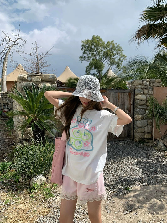 CCKOK Dreamy Macaroon Green Apple Embroidery Loose T-shirt 2025 Summer New Niche Design Short Sleeve Women