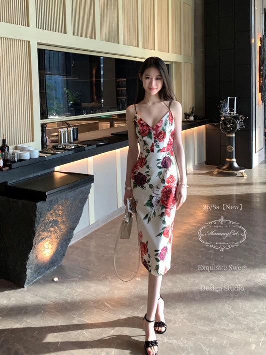 MummyCat Laying Egg Cat [Floralism] 26 New Arrival French Retro Print Suspender Bodycon Dress