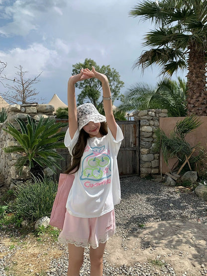 CCKOK Dreamy Macaroon Green Apple Embroidery Loose T-shirt 2025 Summer New Niche Design Short Sleeve Women