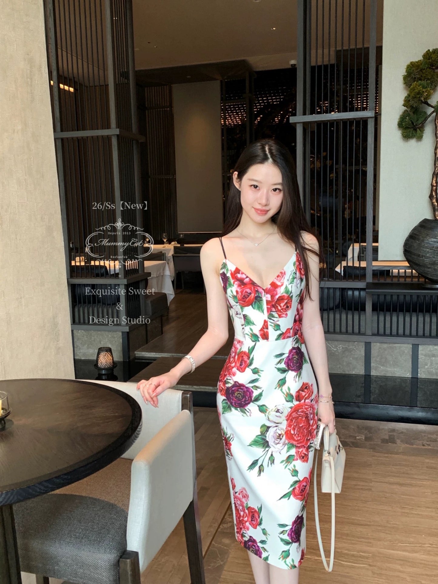 MummyCat Laying Egg Cat [Floralism] 26 New Arrival French Retro Print Suspender Bodycon Dress