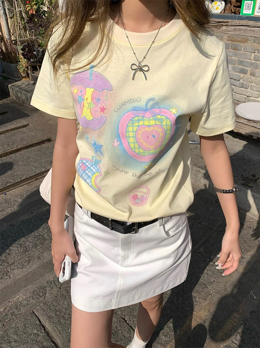 CCKOK y2k Dreamy Macaroon Halo Dye Straight Shoulder T-shirt 2025 Summer New Girls Design Casual Short Sleeve