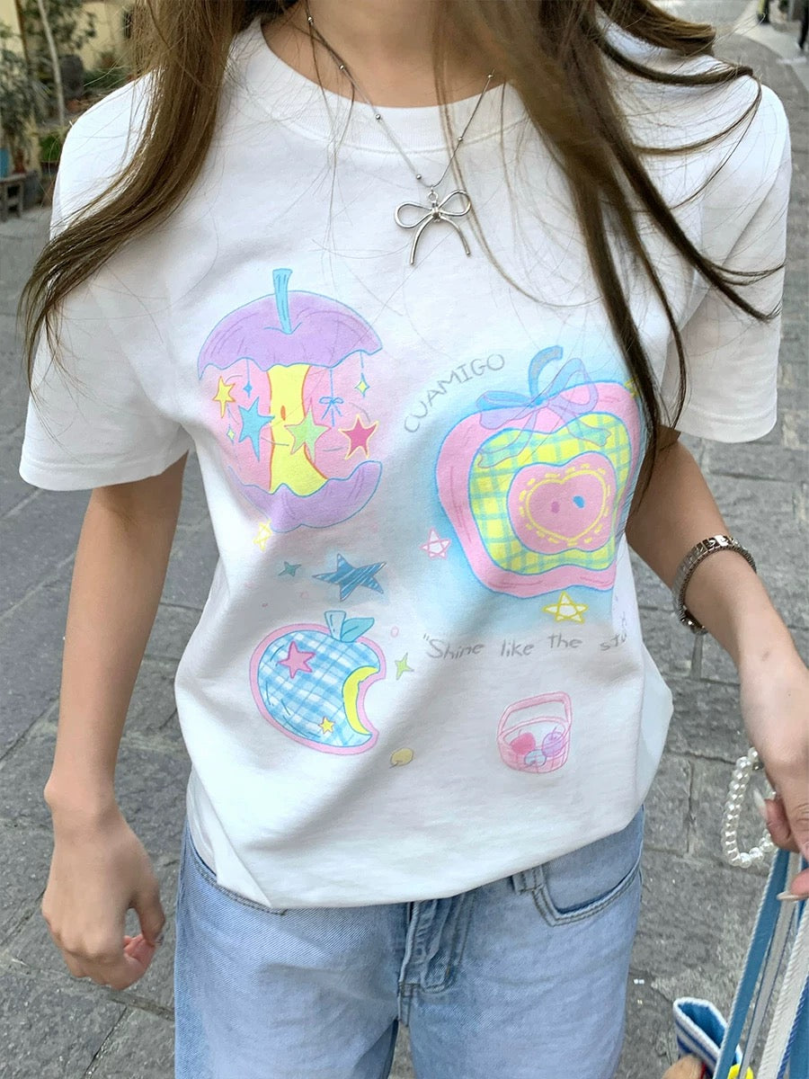 CCKOK y2k Dreamy Macaroon Halo Dye Straight Shoulder T-shirt 2025 Summer New Girls Design Casual Short Sleeve