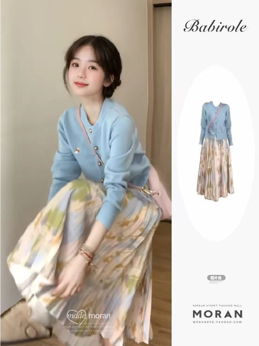 Korean Style Autumn Women's 2025 New Fashionable and Gentle Blue Knitted Cardigan and Floral Skirt Two-Piece Set