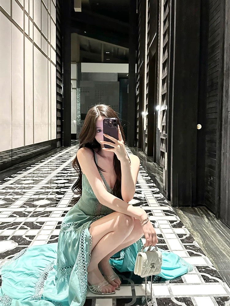 For Fay Heavy Industry Custom-Made 20-meter Water-soluble Lace Dress Resort Lake Green Maxi Dress + Shorts Two-Piece Set for Women