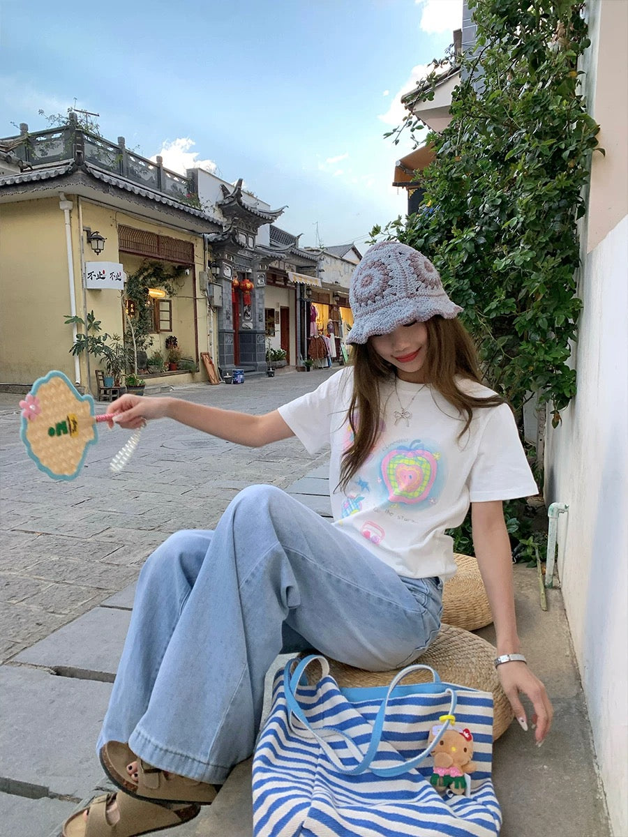 CCKOK y2k Dreamy Macaroon Halo Dye Straight Shoulder T-shirt 2025 Summer New Girls Design Casual Short Sleeve