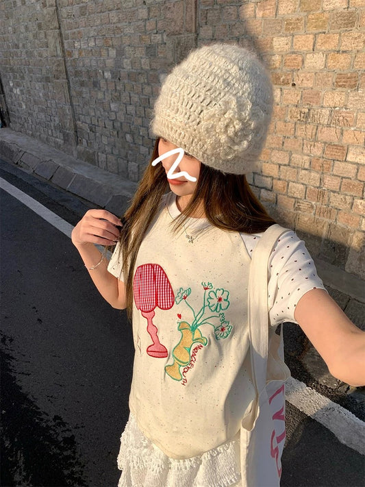 CCKOK patch embroidered table lamp vase raglan sleeve T-shirt 2025 summer new age-reducing niche cream apricot short-sleeved female