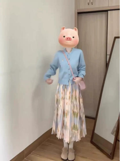 Korean Style Autumn Women's 2025 New Fashionable and Gentle Blue Knitted Cardigan and Floral Skirt Two-Piece Set