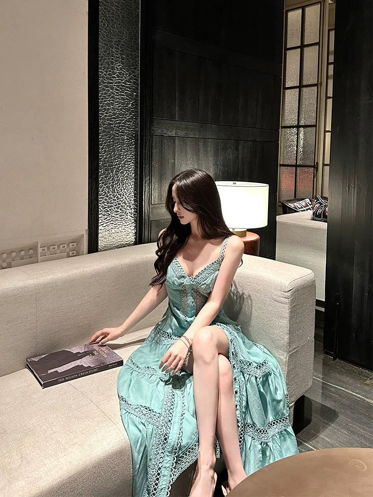 For Fay Heavy Industry Custom-Made 20-meter Water-soluble Lace Dress Resort Lake Green Maxi Dress + Shorts Two-Piece Set for Women