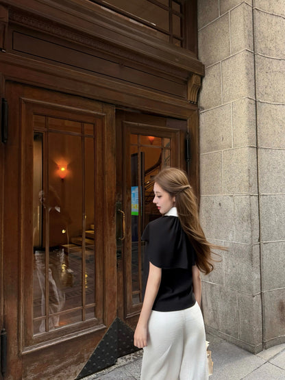 CHICYOU "Mangao Art Student" Black and White Shirt with Lightweight and Flowy Cape Sleeves - Short-Sleeved Top