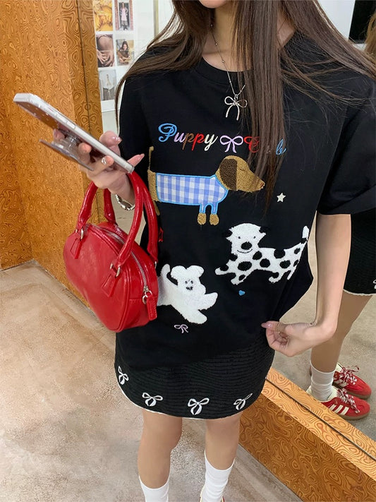 CCKOK cute puppy towel embroidered short sleeves 2025 summer new niche loose pullover age-reducing T-shirt female trend