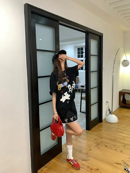 CCKOK cute puppy towel embroidered short sleeves 2025 summer new niche loose pullover age-reducing T-shirt female trend