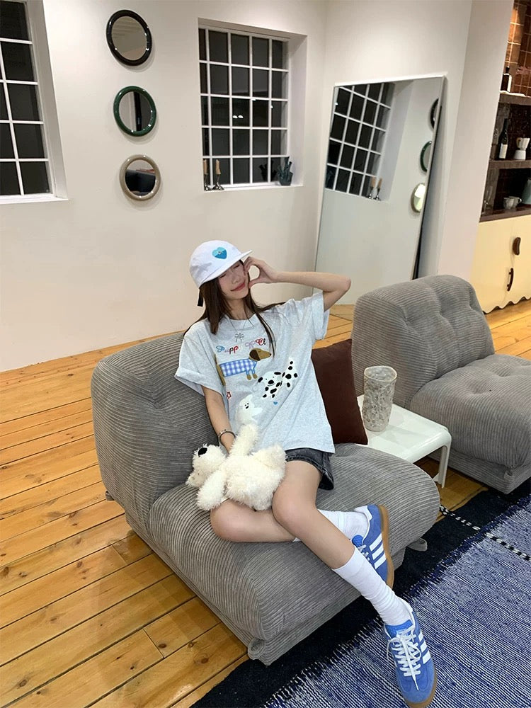 CCKOK cute puppy towel embroidered short sleeves 2025 summer new niche loose pullover age-reducing T-shirt female trend