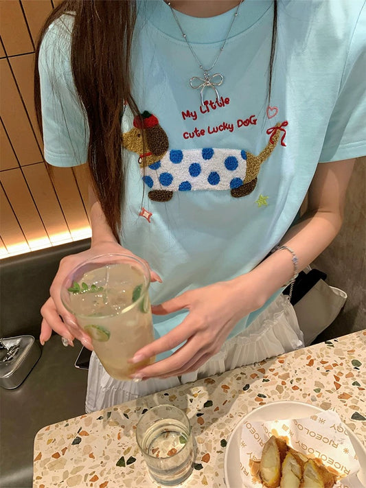 CCKOK cute dachshund puppy straight shoulder T-shirt 2025 summer new Hong Kong style niche design short-sleeved female trend ins