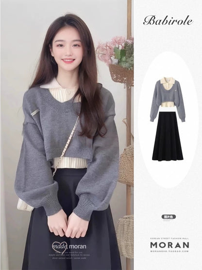 Korean-style preppy early autumn outfit: three-piece set with collared knit sweater layered under a skirt, perfect for petite women looking younger.