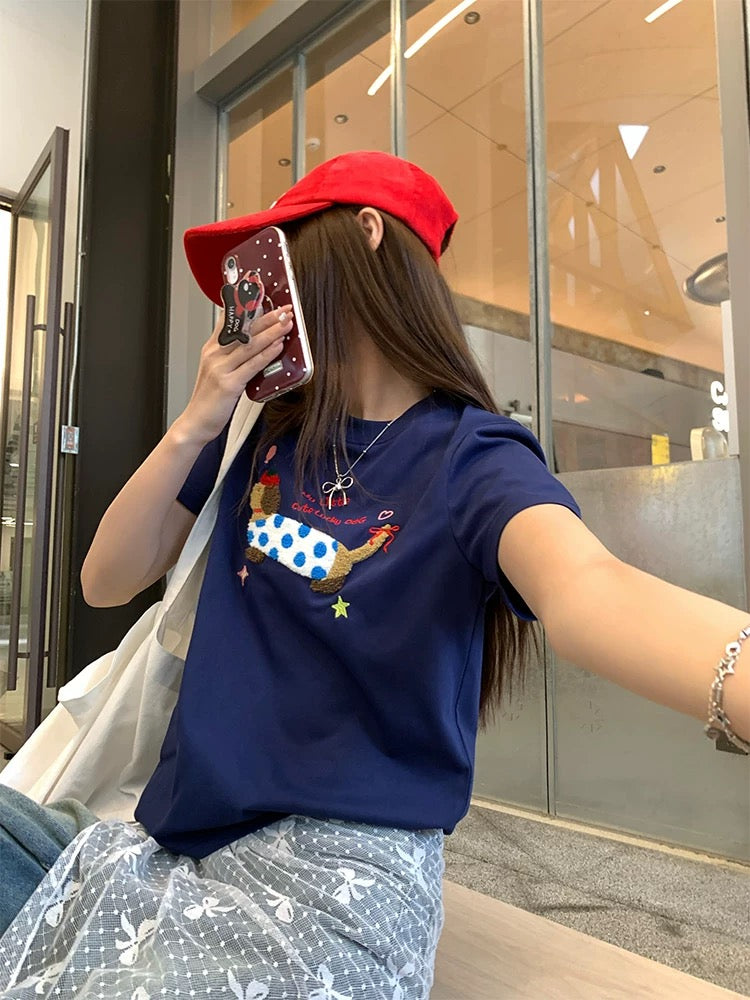 CCKOK cute dachshund puppy straight shoulder T-shirt 2025 summer new Hong Kong style niche design short-sleeved female trend ins