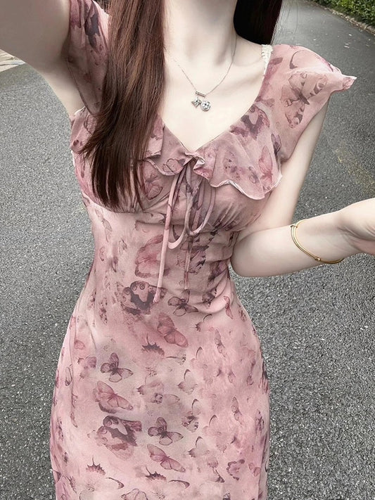 Tea break French dress for women, high-end spring and summer printed butterfly flying sleeves, waist slimming, hip-covering long skirt