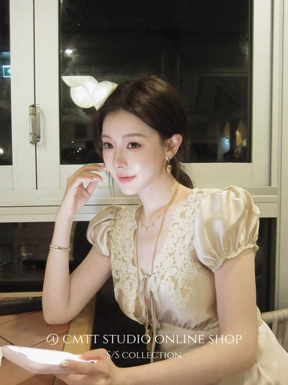 (Currently available) Lillian lace-trimmed silk satin long dress, slimming and elegant, just like the one worn by Nan Nan.
