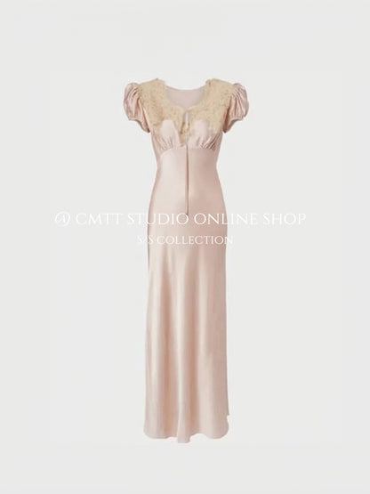 (Currently available) Lillian lace-trimmed silk satin long dress, slimming and elegant, just like the one worn by Nan Nan.