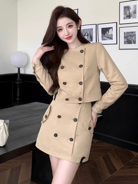 Shenzhen Nanyou light luxury niche design classic British style double-breasted windbreaker small coat short skirt casual suit autumn