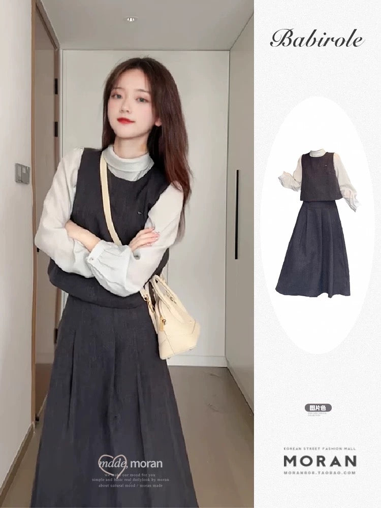 Early autumn three-piece outfit set, Korean style, elegant look, dress, vest, shirt layering set, suitable for petite women, sophisticated style.