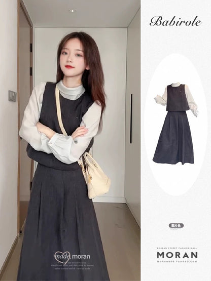 Early autumn three-piece outfit set, Korean style, elegant look, dress, vest, shirt layering set, suitable for petite women, sophisticated style.