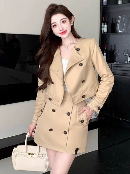 Shenzhen Nanyou light luxury niche design classic British style double-breasted windbreaker small coat short skirt casual suit autumn