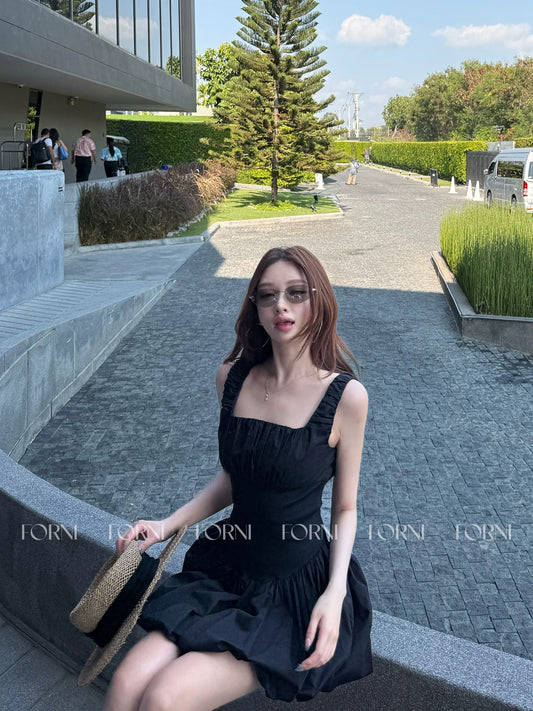 FORNIYOYO "Black Swan Dancing Ballet" Deep U-Neck Strappy Pleated Tulip Skirt - Black Summer Mini Skirt